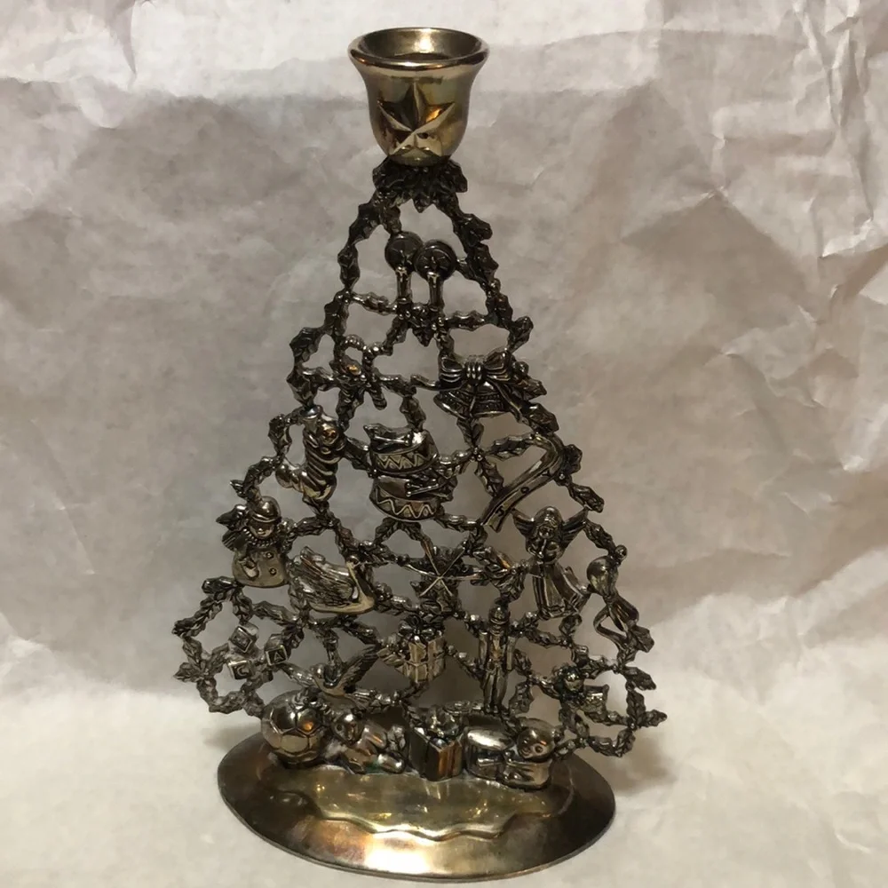 Vintage Silver Plate Christmas Tree Candle Holder Ornaments/Presents 10”x6.5”